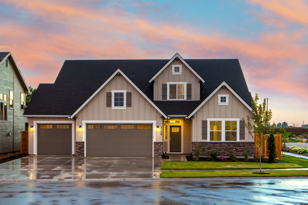 Beautiful home exterior at dusk